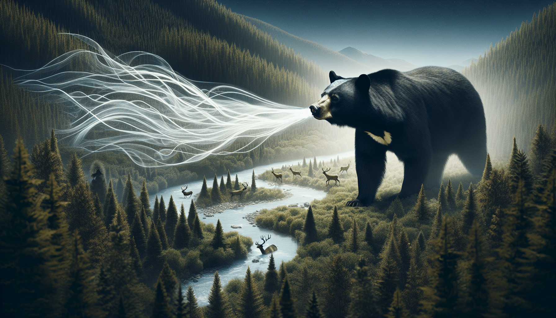 A visual representation of a black bear's incredible sense of smell. A black bear stands on a forested mountain, nose raised to the wind, inhaling deeply. The olfactory trail of an unseen food source leads away from the bear, represented by light, translucent trails. The smell travels over rivers, through dense pine forests, and past a family of deer among other wildlife. Show the bear's intense concentration in-close in the foreground, and provide the larger forest context in the background. Do not include any brand names, logos, text, or human figures.