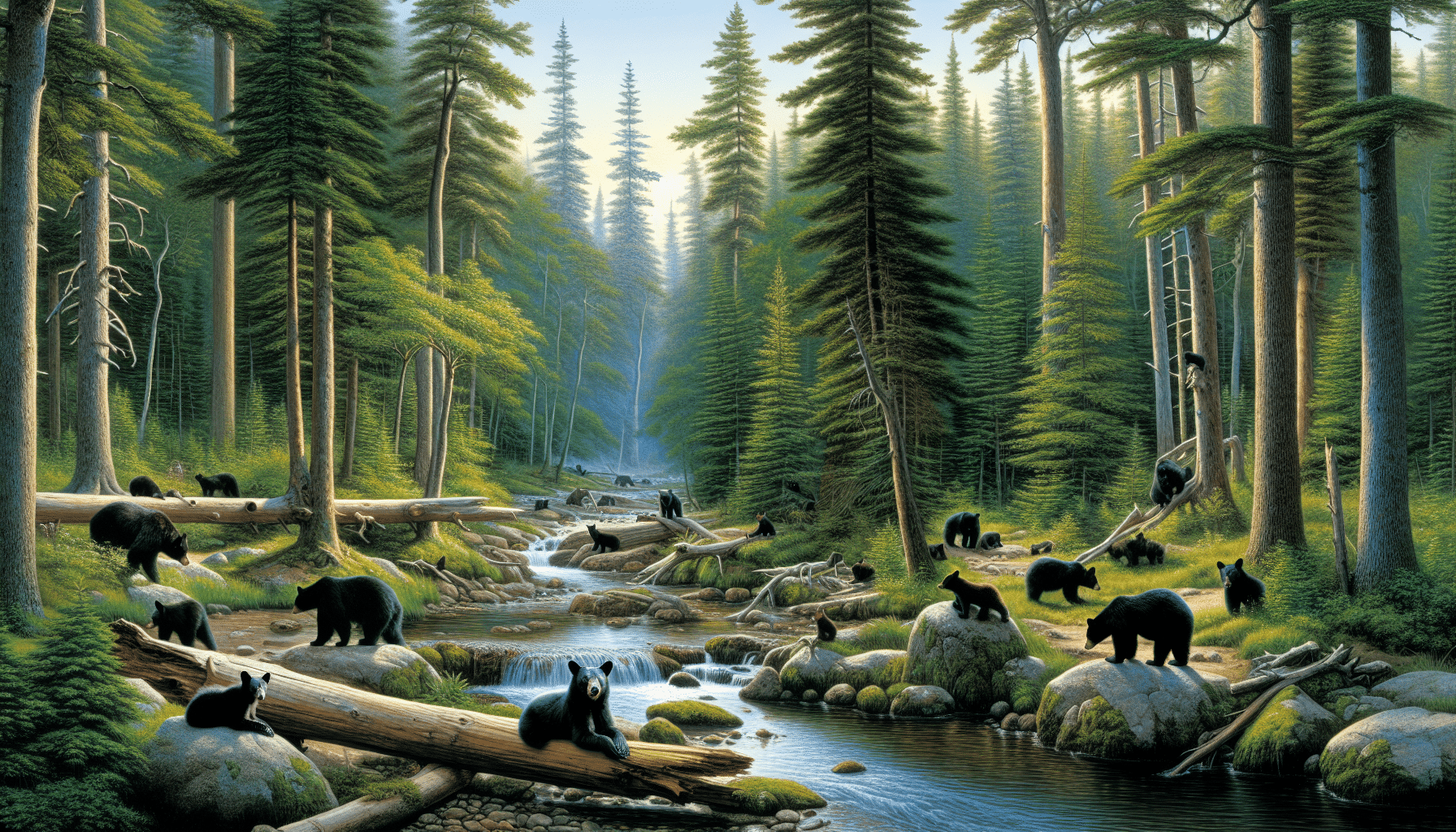 An idyllic wilderness scene set in the dense woods of Maine encapsulating the serene beauty of nature, with tall pine trees and calm trickling streams. Plentiful black bears can be seen, lounging lazily by the riverside, exploring tree trunks, or playfully interacting within their natural habitat. The landscape should be devoid of human presence, brand names, logos, as well as any form of text within the image or on any items. Immerse viewers in this tranquil habitat highlighting the estimated population of black bears without any hint to the prompt text.