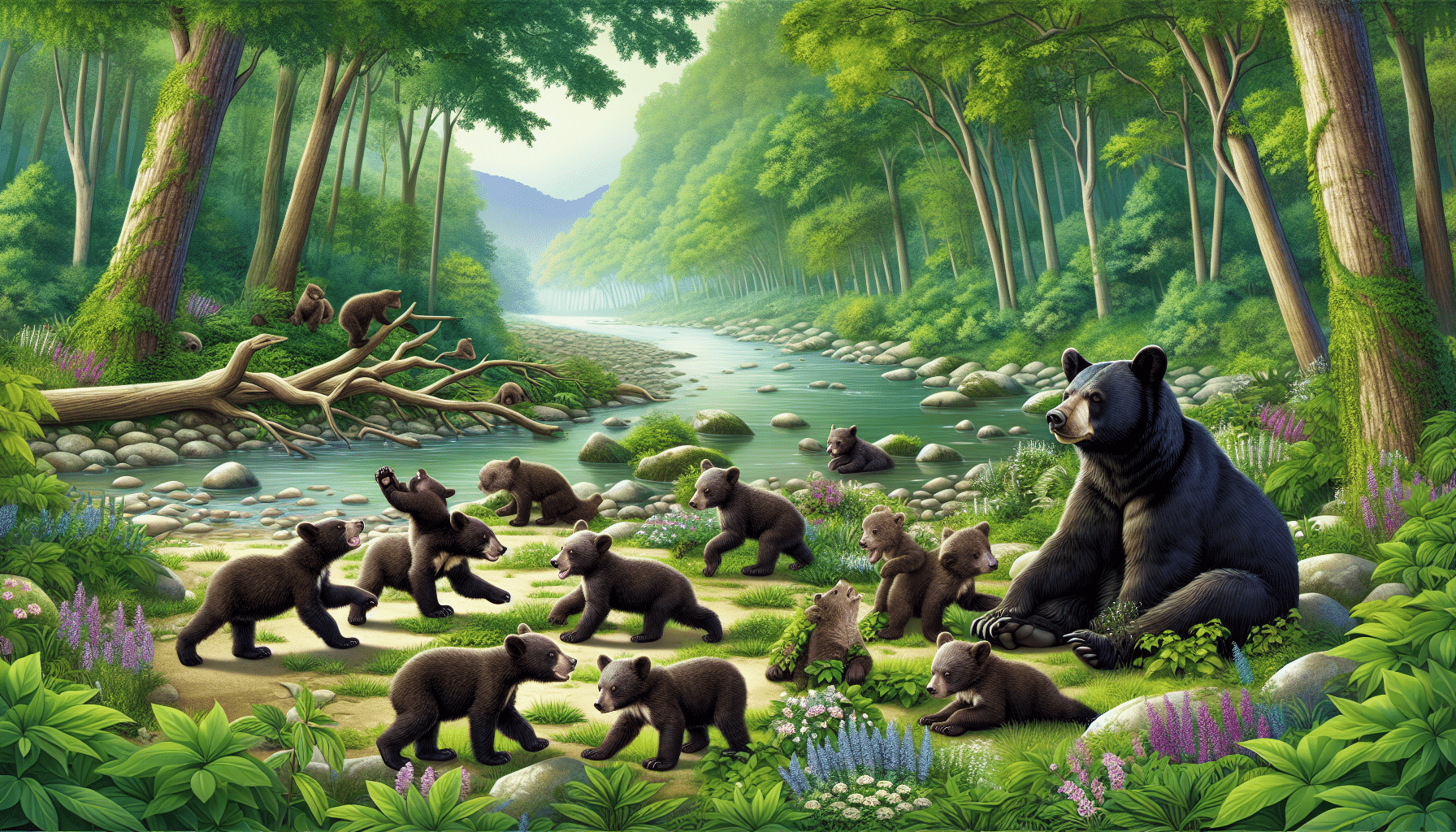 Visualize a serene natural habitat with lush greenery and a serene river flowing by. In this peaceful setting, an adult black bear is lounging, looking satisfied and calm. Not far from the bear, a group of excitable cubs, ranging in different ages from younger to older, explore the terrain. Some are shown play wrestling, others are nosing at plants, and some are trying to climb small trees. There are no human elements, text, brand names or logos in the image, maintaining the wild nature of the scene.
