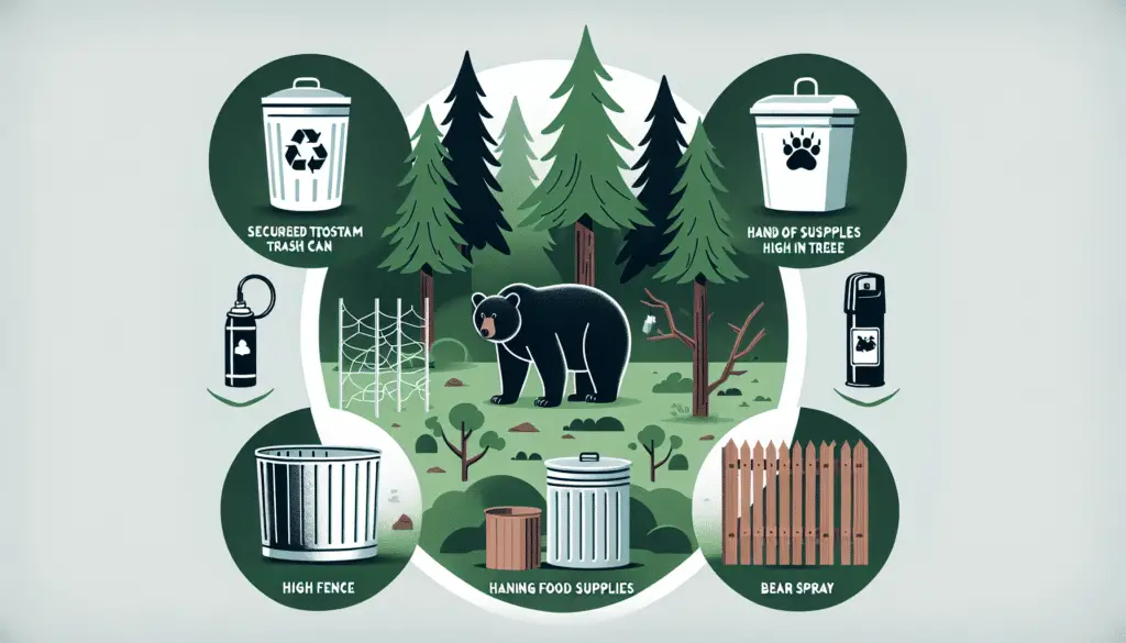 An image showing a forest area with a prominent black bear in the mid-ground. Around the scene, there are visual elements representing typical bear deterrent techniques such as a secured trash can, high fence, bear-resistant food storage containers, hanging food supplies high in a tree, and bear spray. None of these items or the environment should contain any text or brand logos.