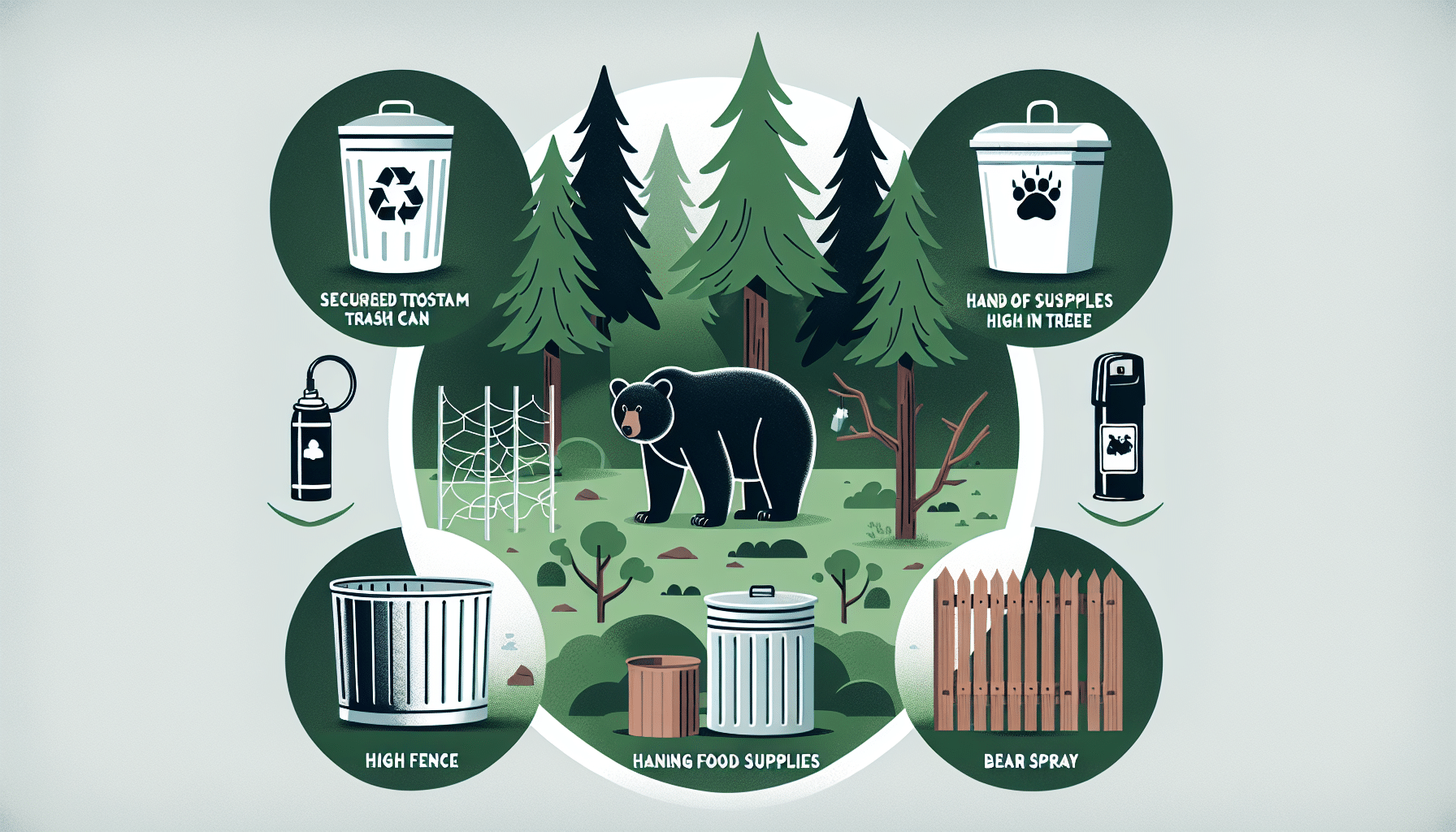 An image showing a forest area with a prominent black bear in the mid-ground. Around the scene, there are visual elements representing typical bear deterrent techniques such as a secured trash can, high fence, bear-resistant food storage containers, hanging food supplies high in a tree, and bear spray. None of these items or the environment should contain any text or brand logos.