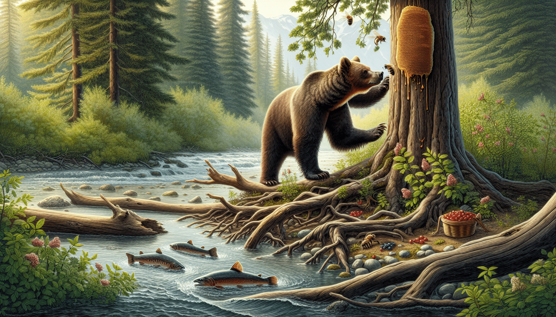 Create an educational and scientifically accurate depiction of a mature brown bear in its natural habitat. Highlight it foraging in the woods, its paws reaching for a beehive hanging from a tree. Nearby, show some salmon swimming upstream in a river. Scatter some berries and roots around to further showcase its omnivorous diet. Please ensure no human figures, text, brand logos, or identifiable brand items are included in the scene.