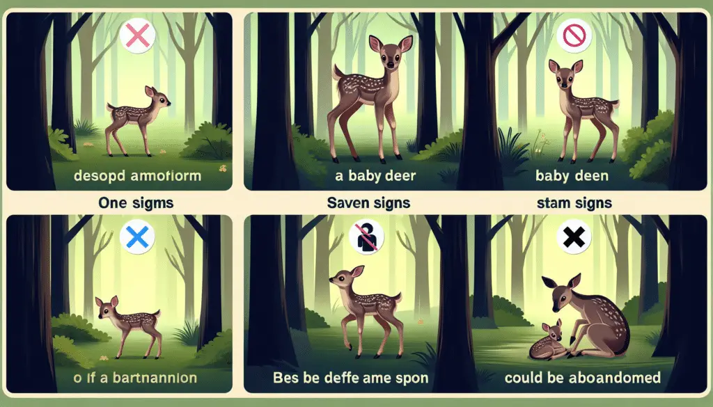 An informative and educational image depicting different signs indicating that a baby deer might be abandoned. The setting should be a serene forest. In one corner, there should be a healthy-looking fawn, confidently exploring its surroundings, to portray the normal behavior of a baby deer. On the contrary, another part of the image should show a lone fawn sitting in the same spot for a long time, its body language signifying exhaustion or fear, implying that it could be potentially abandoned. Make sure to exclude any human figures, text, brand logos or names from the image.