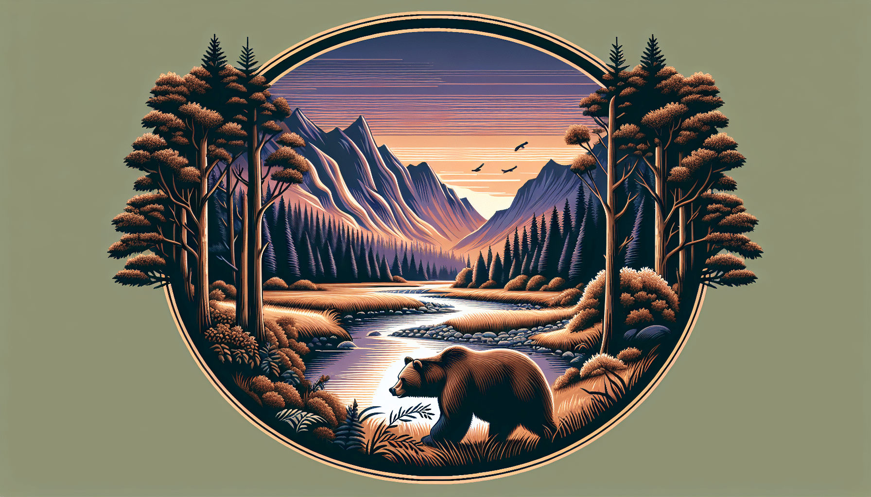 An illustrative representation of the habitat of brown bears. The scene features dense forests branching out to open meadows and a rugged mountainous background. A serene river cuts across the scene. A solitary brown bear seems to be wandering around, exploring its surroundings. There are no human beings, text, or brand logos in the image. The sky is a mix of oranges and purples, depicting either a sunrise or sunset. The overall image emphasizes the tranquil and isolated territories where brown bears typically reside.
