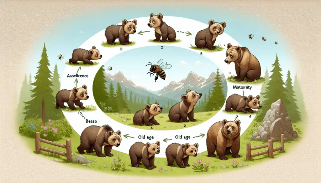 A life cycle chart of a brown bear without including human interference. On one side of the chart, depict a cute, playful bear cub on a grassy woodland landscape, looking curiously at a buzzing bee. Transitioning over time through stages of adolescence, maturity, and old age, reflecting the average lifespan of a brown bear. Every age phase should accurately display the respective physical attributes and surroundings, ending with a weary but wise old bear. No textual, human elements, brand names or logos should be included.