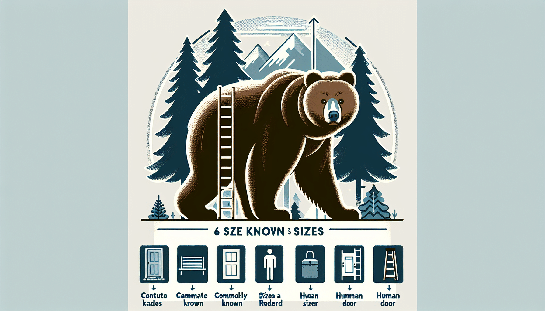 An informative illustration of a brown bear in its natural habitat. The bear is standing next to pine trees with mountains in the background, which can give a size perspective. Next to the bear, without breaking its natural setting, are objects that are commonly known sizes for reference, such as a six-foot ladder and a human-sized door. Avoid including any text, brand names, or people in the image.