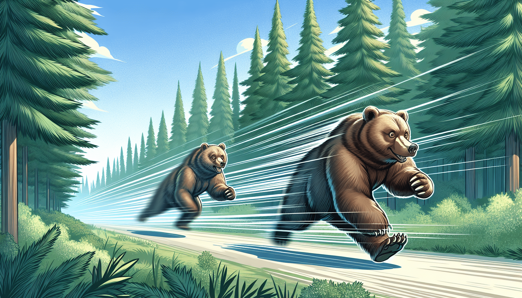 Illustrate a forest scene with two adult brown bears demonstrating their speed. One bear is bounding energetically towards the viewer, displaying its agility on a semi-clear pathway. The other bear is farther in the distance, a blurred figure symbolizing its rapid motion. Surround the bears with a lush green environment, tall pine trees and foliage, a clear blue sky. Exclude any text or human figures, brands, logos, from this image.