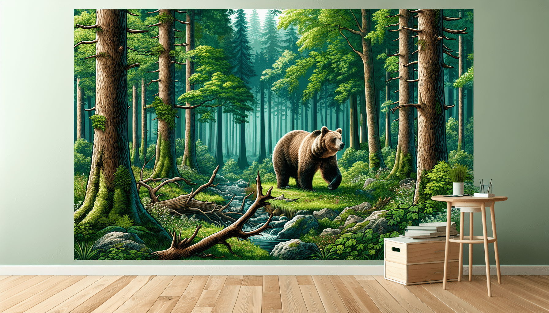 Visualize a scene in the lush, green forest where the brown bears are most active. Depict a frolicking brown bear in the heart of the wilderness during what appears to be the peak of daylight. Surroundings should contain tall trees with thick canopies, and the ground should be teeming with bushes, fallen leaves, and rocks. Make sure the entire scene is free of humans, text, brand logos, and items displaying any kind of text.