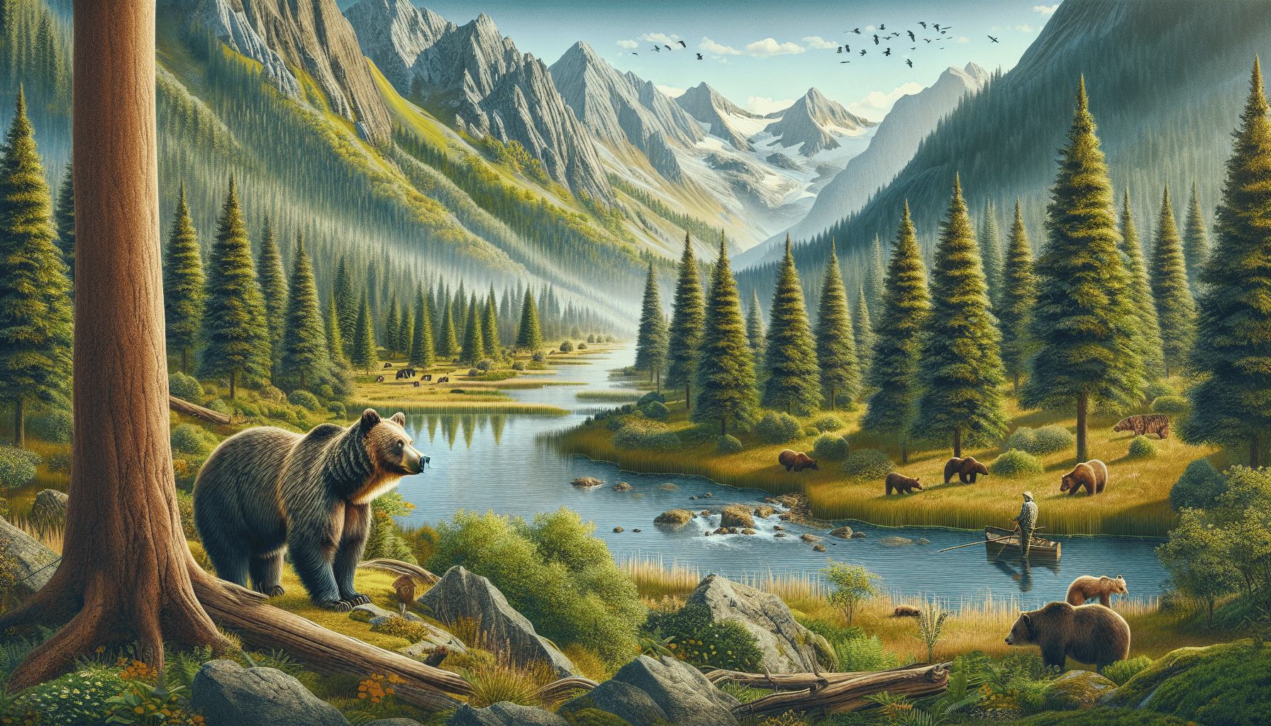 Create an image showing the natural habitats of brown bears without any human presence. The picture should depict a diverse variety of climates where brown bears are typically found, such as mountainous forests, expansive meadows and riversides for fishing. No text or brand names should be present in the scene. The emphasis should be on the environments to show where these majestic animals live and thrive. Do not return any text within the image or on items and do not include any brand names or logos.