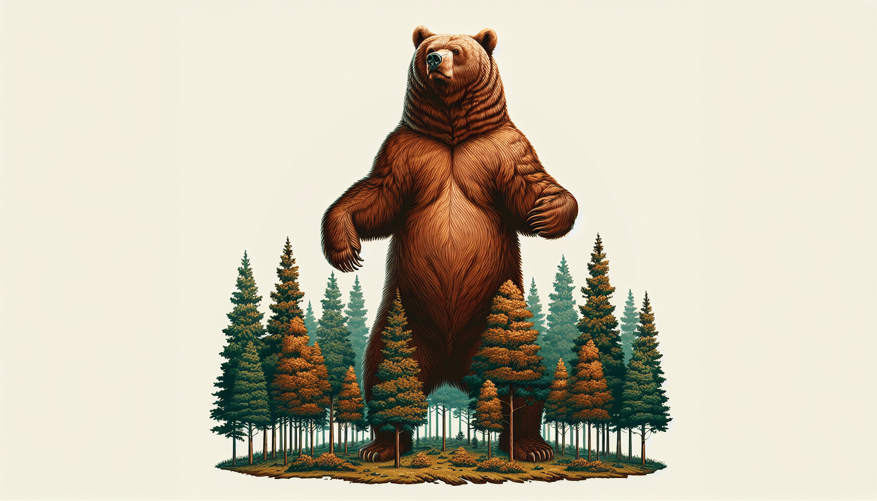 An artistic depiction of a towering brown bear, standing upright on its hind legs, its size clearly manifesting its grandeur and dominance in the wild. The bear has a rich, shiny coat of brown fur. There are coniferous trees in the background for scale, their tops reaching only up to the bear's shoulder, demonstrating the magnitude of the bear's height. The environment is a visually engaging wilderness landscape with no human presence, logos, or textual elements.