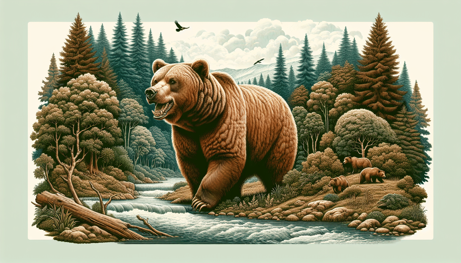 A detailed and accurate representation of a brown bear in its natural habitat, such as a dense forest or beside a flowing river. The bear would be depicted in a realistic manner, showcasing its immense strength and power, thus signifying the potential danger they can pose. Elements such as the bear's large claws, strong jaw, and muscular formation should be emphasized. The surrounding natural environment should also be rich in detail, showcasing various types of trees, plants, and features of the landscape. The image should not include any text, people, or brand names.
