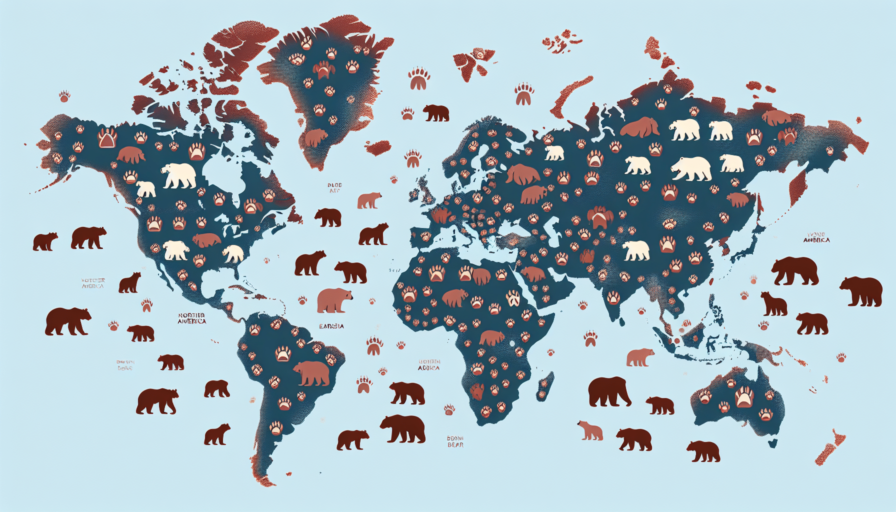An illustrated world map showing different concentrations of brown bears using symbols. Areas with colder climates like Northern America and Eurasia are depicted with a higher concentration of brown bear symbols. Perhaps, a varied numbers of bear paw prints could represent different bear populations across these continents. Remember to exclude any brand names, logos, humans, or text in this visually descriptive portrayal of brown bear populations worldwide.