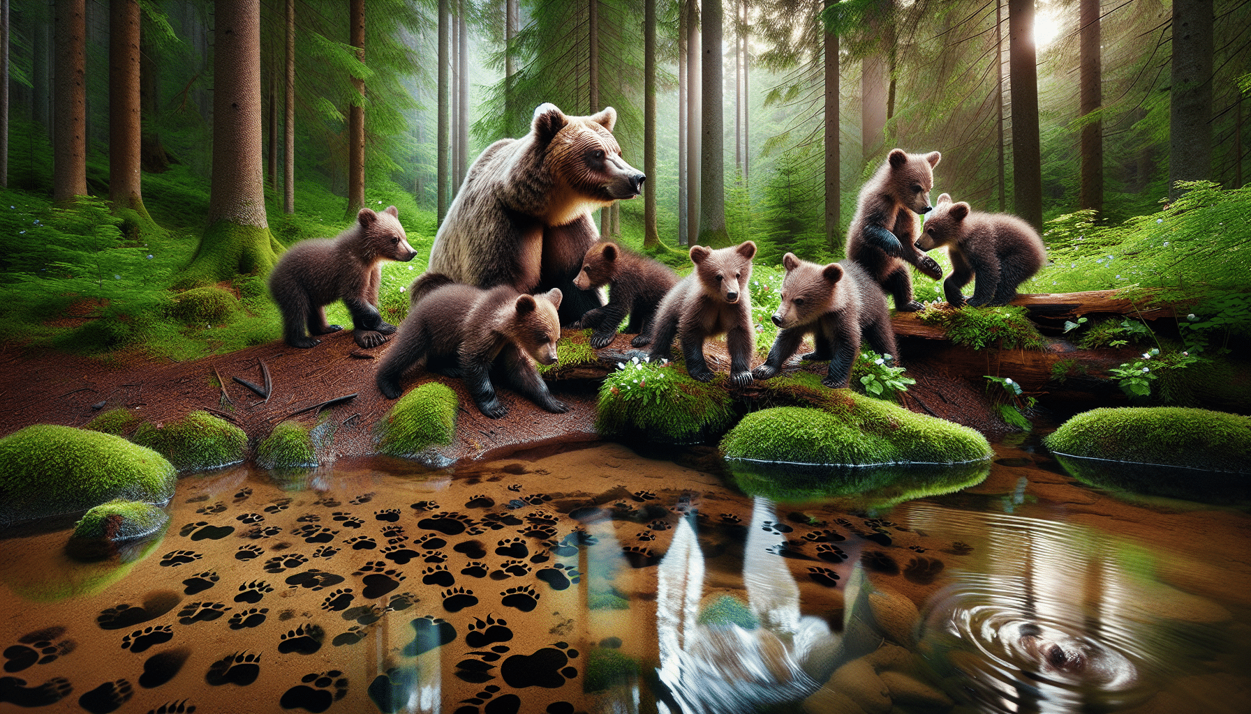 A tranquil forest scene showcasing a proud brown bear mother with a variety of numbers of cubs interacting around her. For instance, some cubs are play-fighting, while others are climbing trees or sniffing at flowers. A clear stream runs through the forest, reflecting the bear family in its calm flow. Scattered paw prints of different sizes can be seen in the damp soil beside the stream, giving a hint of the lively bear family activities. The image is void of human presence, text, brands, and logos.
