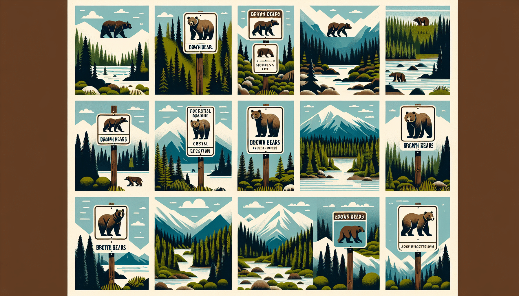 An assortment of forested regions from different states with signs symbolizing the presence of brown bears. The signs should not contain any text, but can have images of brown bears on them. The landscapes should differ from one another, showcasing coastal areas, mountain regions, and dense forests to represent diverse habitats of brown bears. There should be actual brown bears of different sizes and ages in each landscape to help visualize their prevalence.