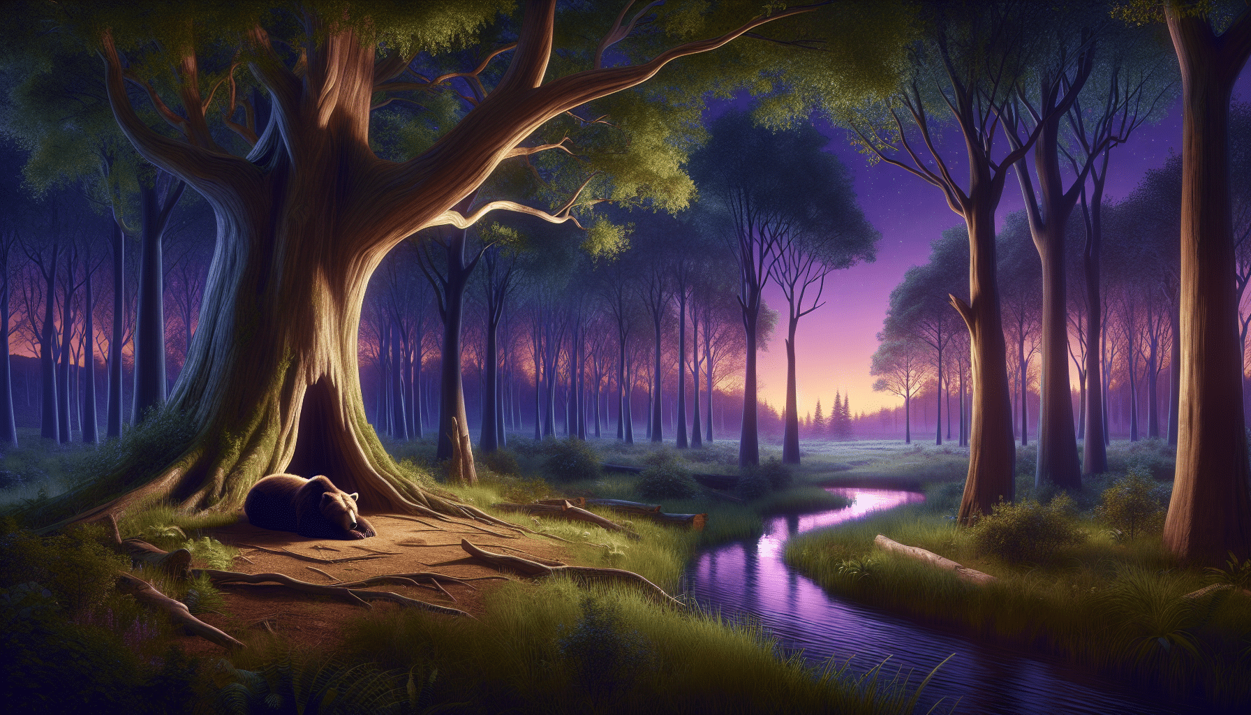 Depict an unoccupied tranquil forest scene at twilight, with a wide tree with a spacious hollow large enough for a brown bear to sleep in. The trees are towering with leaves rustling in the soft wind. There's a clear stream curving through the scene, reflecting the purples and oranges of the sunset. The air is filled with the silent tranquility of nocturnal nature, untouched by human presence, providing a perfect natural habitat for the brown bear to take its slumber. There are no textual elements, brand names or logos present in this serene depiction of nature.