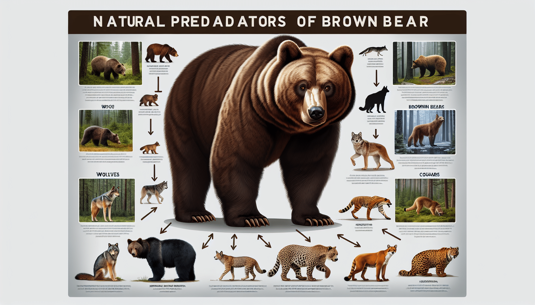 A detailed infographic presenting the natural predators of brown bears. On the bottom, a lifelike, full body depiction of a brown bear is present. Above it, images represent each predator with corresponding arrows pointing towards the bear. Include depictions of large predators such as bigger brown bears, and possibly wolves, cougars or tigers. Ensure the setting is a dense forest environment to provide context to their natural habitat. Strictly avoid inclusion of any human figures, text, brand names or logos in the depiction.