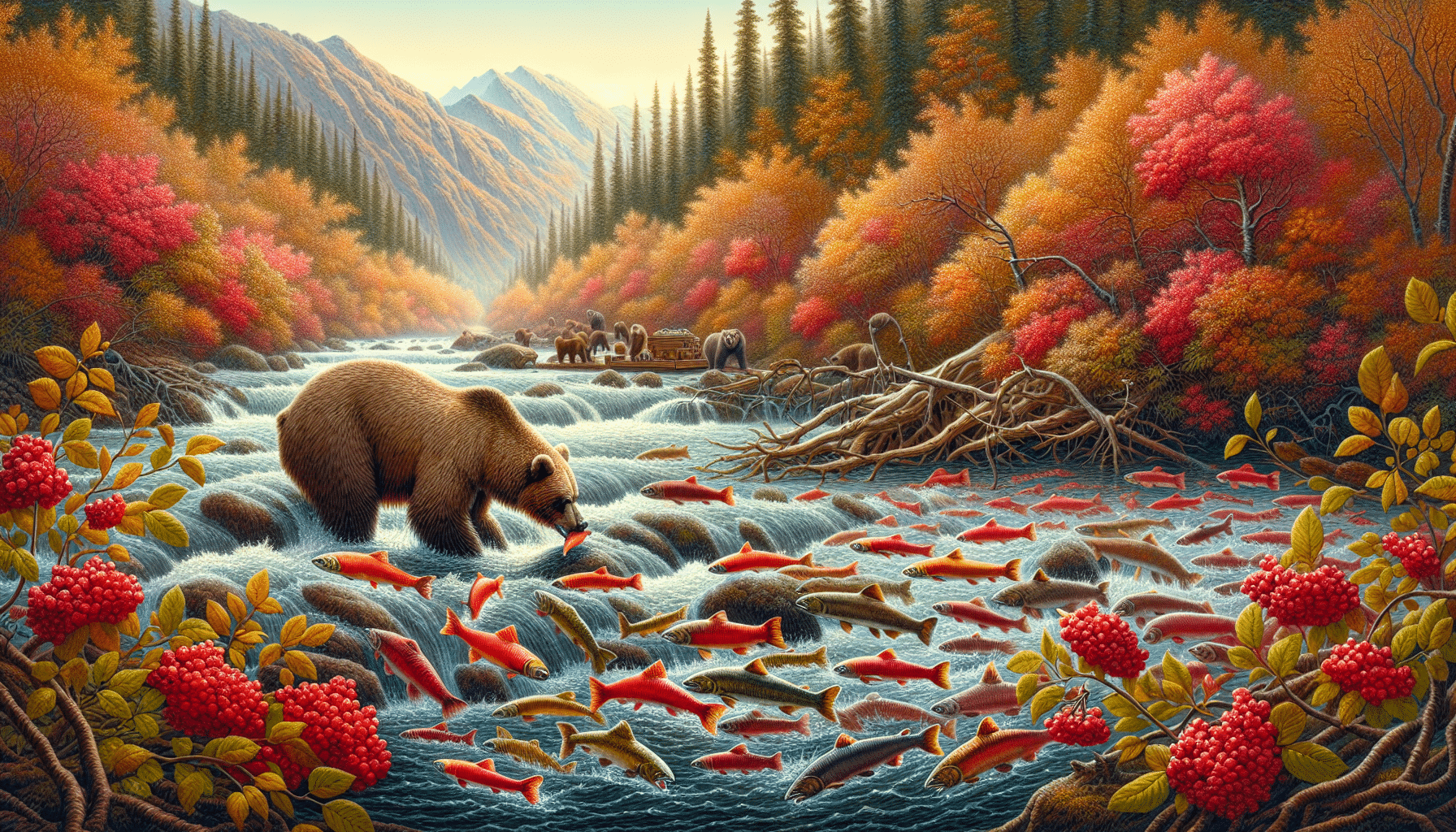 A detailed depiction of the wilderness during autumn. Focus on a brown bear foraging for food, specifically showing it near a slow-moving river packed with salmon attempting to swim upstream. The salmon should be vividly colored, showcasing their reddish hue during the breeding season. Meanwhile, the bear is poised to catch a leaping salmon right out of the water. In the background, show smatterings of colorful berries on nearby bushes embraced by the fall foliage, suggesting other potential food sources. Exclude the presence of any human-made objects or people, as well as any brand names and logos.