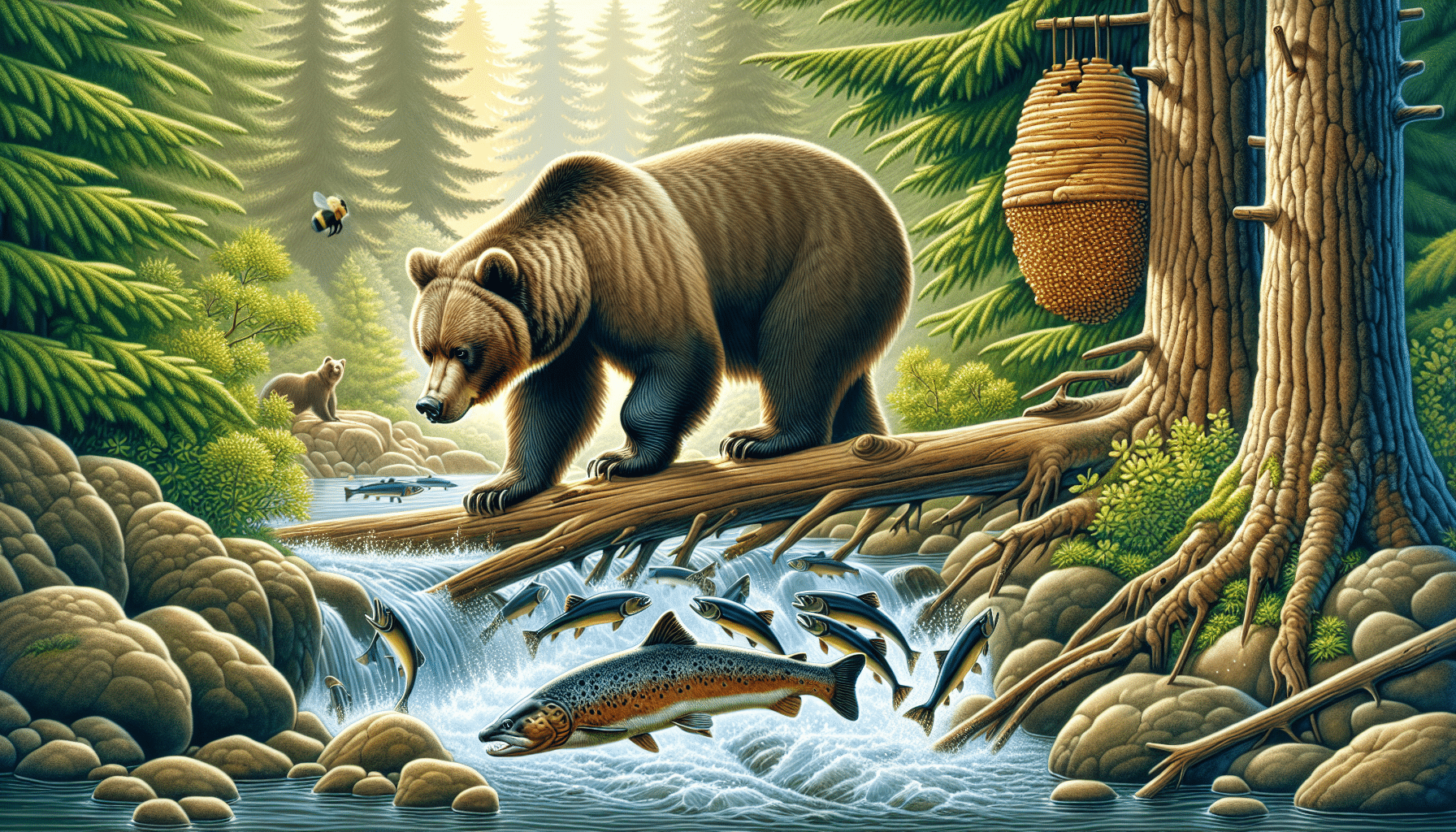 Illustration of a realistic adult brown bear in its natural forested habitat. The bear is seen in action, showing its hunting behavior. Nearby, it scents a school of salmon in a stream, with fish visibly leaping from the water. In the background, a beehive hangs from a tree branch, hinting at another food source. Please do not portray any humans, text, brand names, or logos in the image.