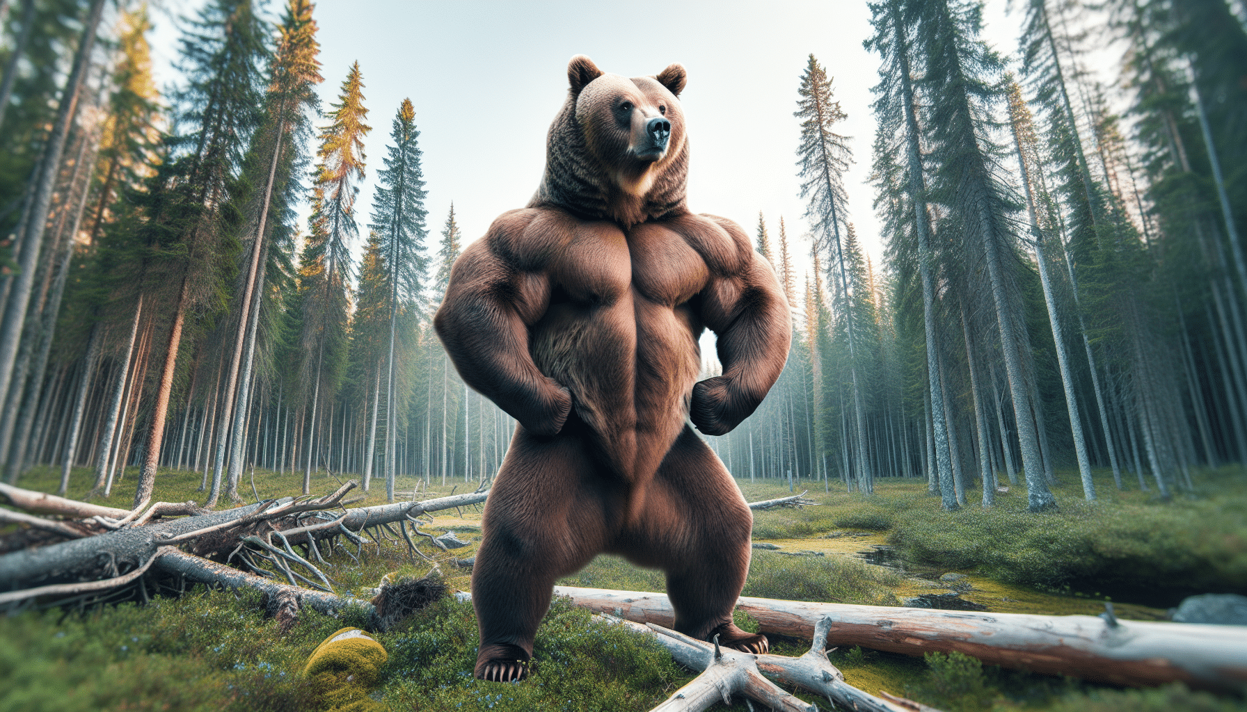 Visualize a powerful brown bear in the wilderness, demonstrating its strength through physical attributes. Against the backdrop of a dense forest, the bear is up on its hind legs, showcasing its formidable size and muscular arms. There are no humans, text, or brand logos present in this naturalistic scene. Instead, focus on the strength and wild beauty of the bear, surrounded by untouched nature, embodying the essence of its power and resilience without the need for any text explanation.