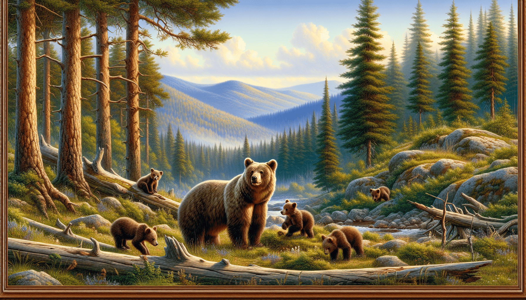 A natural scenery in the heart of the forest. In the foreground, a mother brown bear is depicted with a group of playful cubs playfully exploring and interacting with the surroundings. The background is featuring towering pine trees and distant hills. The scene captures the tranquility and wilderness of bear habitat during the onset of spring, promoting the feeling of new life and growth common to this period. Please note, none of the objects in the image should carry any text or brand logos.