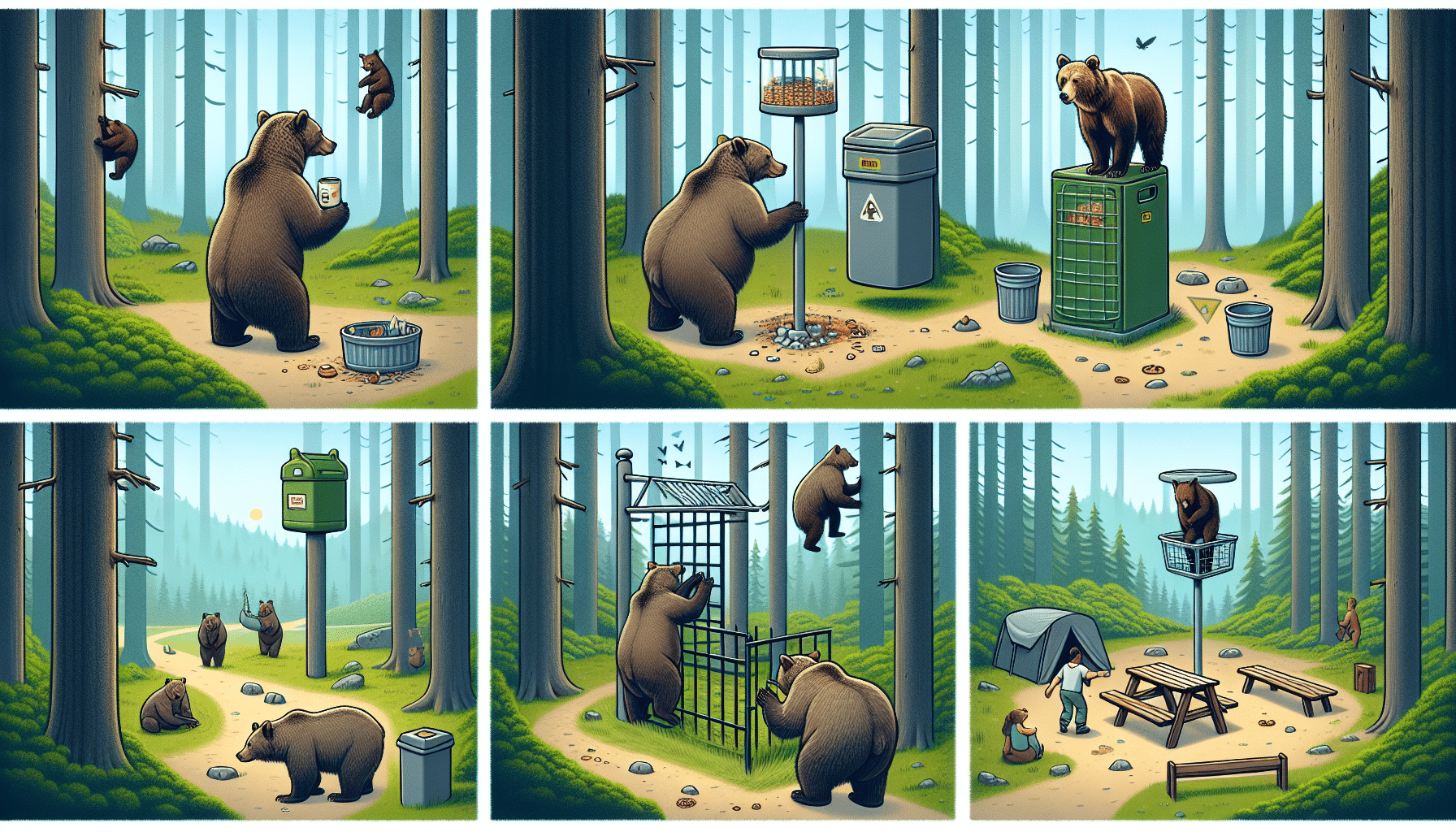 A serene forest landscape in broad daylight, with brown bears engaging in various activities. Some bears are seen curiously inspecting secured garbage cans, while another is inspecting a bear-resistant food storage container. Yet another brown bear is climbing a bear-proof tree platform. There's a bear in the distance who is being distracted by a cleverly placed diversion, far away from a secluded campsite. This scene encapsulates multiple strategies to prevent nuisance behavior by brown bears in a non-harmful manner.