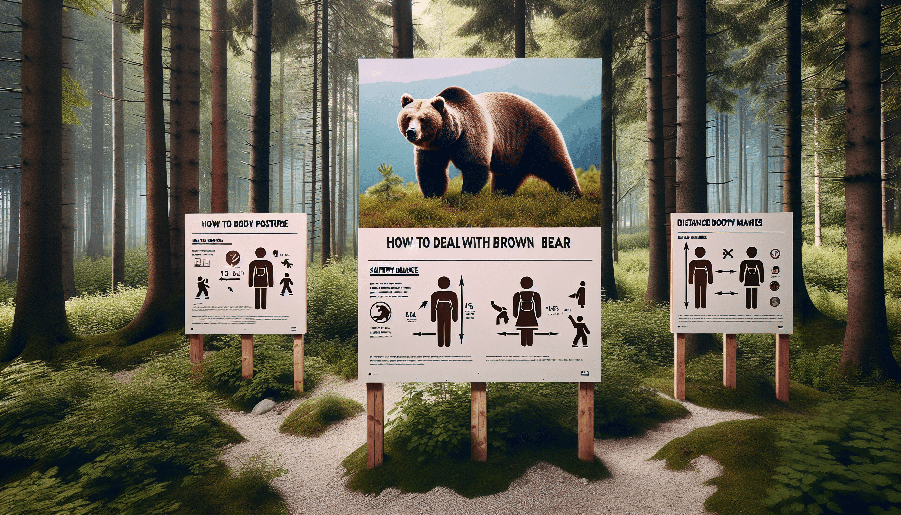 An informative visual scene dedicated to 'How to Deal With Brown Bears' without any people present. Imagine a tranquil forest environment with towering evergreen trees and lush undergrowth. In the foreground, deliberately place several placards (without text) demonstrating safety measures when encountering a brown bear. They can depict drawn figures showing correct body postures, distance measures, and other vital information, void of any brand names or logos. Capture the essence of a brown bear majestically roaming far in the background, plausibly emblematic of the wildlife prevalent in the area.