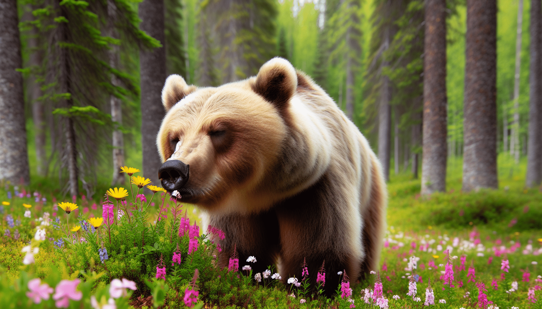 A scenic woodland environment during the day featuring a large, healthy, brown bear leaning over to sniff a patch of colorful wildflowers. The bear's nose touches the flowers while its eyes close, depicting a sense of deep inhalation. No humans, textual content or brands are included in the image, conforming strictly to the requester's specifications.