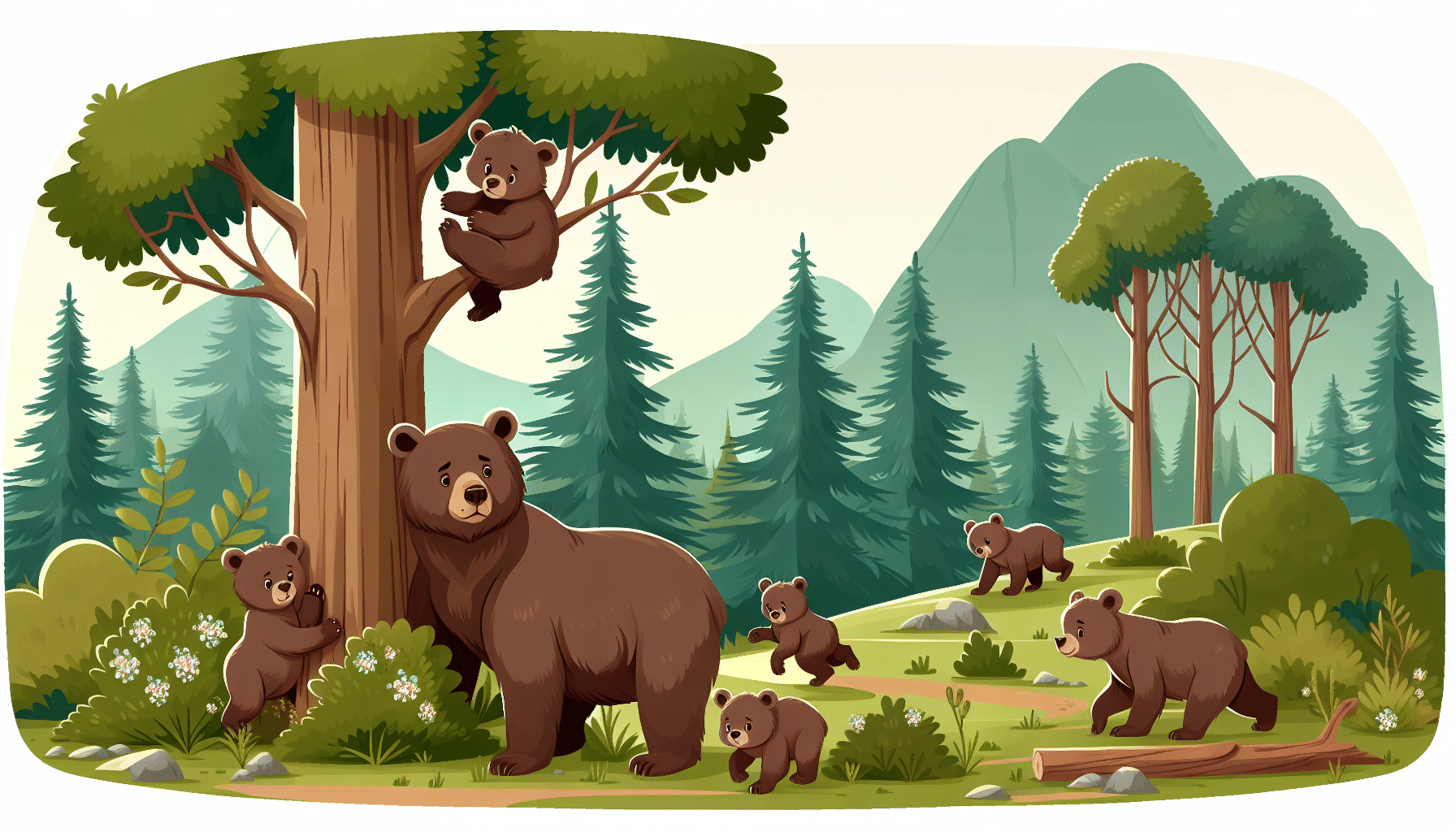 Illustration of a forest landscape with brown bears. On the left, there should be an adult brown bear with three cubs playing around her. On the right, a few cubs should be climbing a tree. The whole scene should be set in a serene forest environment, with no human presence, brands, or any text.