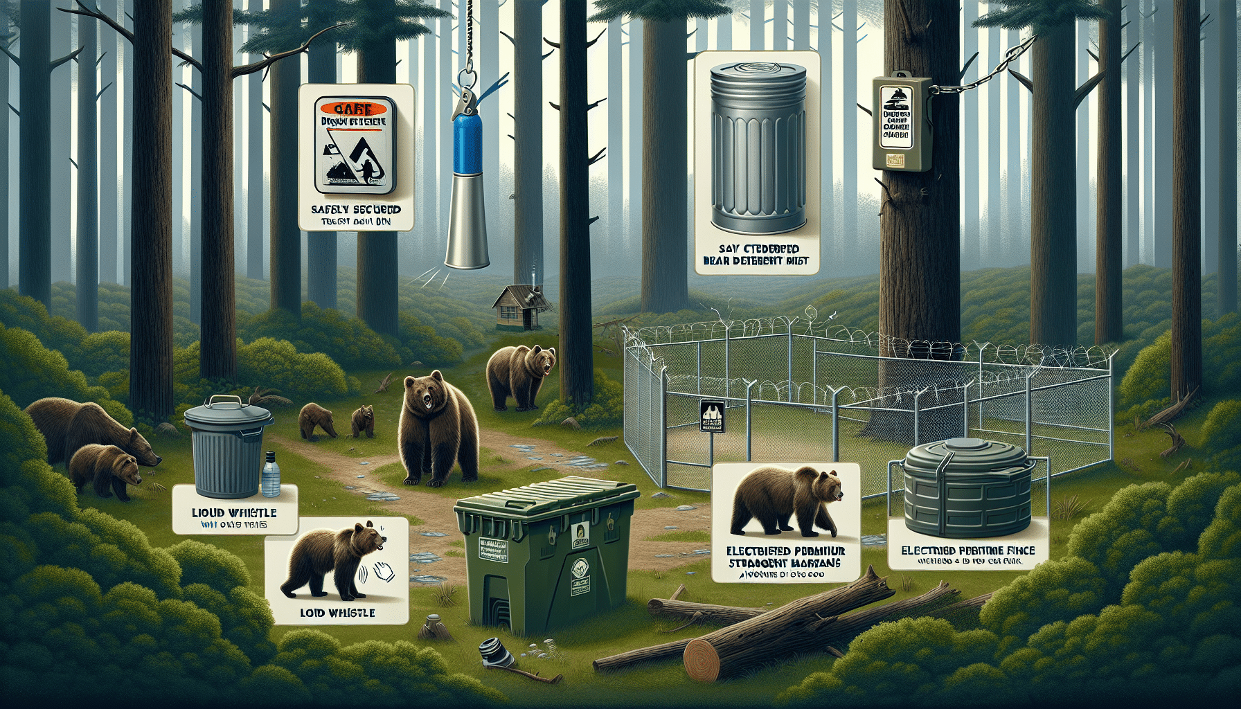 An educational visual about deterring brown bears without imposing harm. In a serene forest scene, several techniques are showcased: a safely secured trash bin with lock and lid, a spray canister of generic bear deterrent mist, a loud whistle hanging from a tree branch, electrified perimeter fence around the campsite and a bear-proof food storage container suspended between two trees. Everything is displayed in a clear way to allow viewers to understand their use and significance without any accompanying text or brand logos. There are no human figures or animals portrayed in the scene.