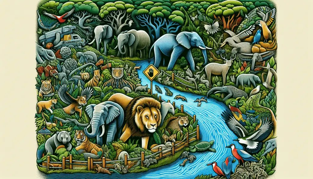 An illustrative image depicting the essence of animal conservation. An assortment of wild animals such as elephants, lions, and birds coexist in a thriving, diversified forest environment. The imagery prominently features rich biodiversity, with lush vegetation and a clean, flowing river indicating a healthy ecosystem. Symbols representing cautionary signs, like a barrier or an emblem of a hand guarding the fauna, hint at measures taken to protect these animals. Importantly, no human or brand names are depicted, and no text appears either on objects or within the image itself.