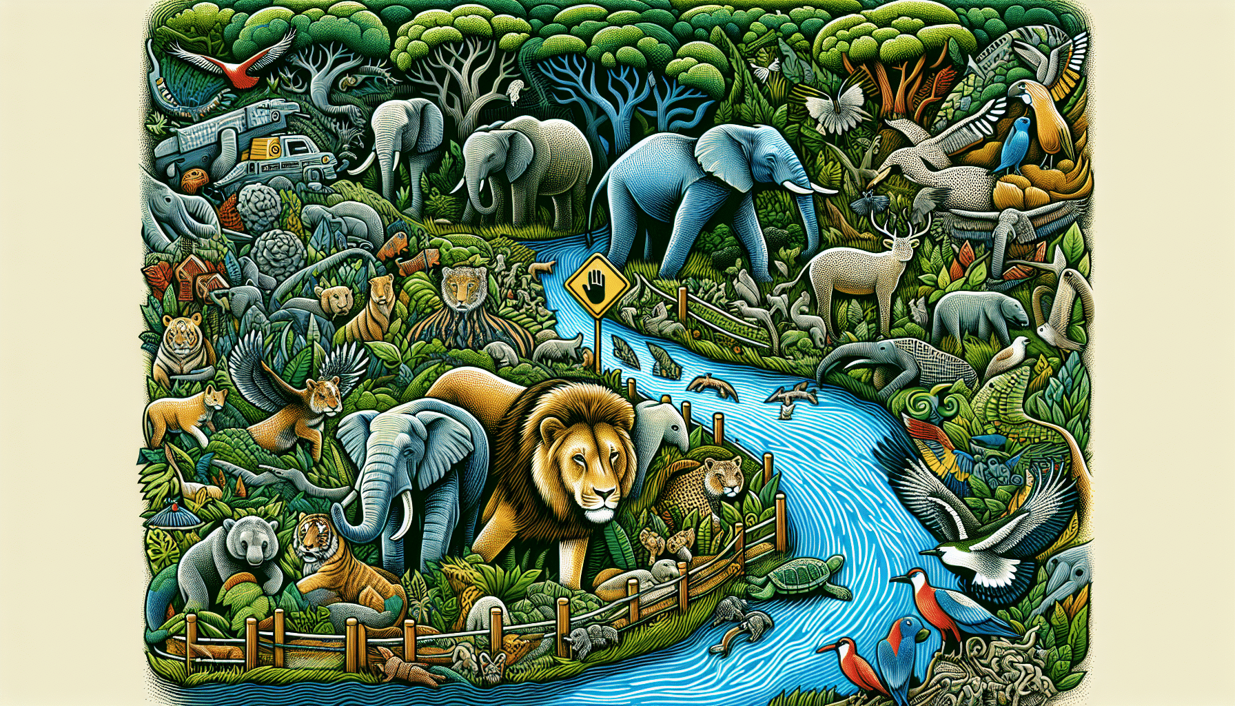 An illustrative image depicting the essence of animal conservation. An assortment of wild animals such as elephants, lions, and birds coexist in a thriving, diversified forest environment. The imagery prominently features rich biodiversity, with lush vegetation and a clean, flowing river indicating a healthy ecosystem. Symbols representing cautionary signs, like a barrier or an emblem of a hand guarding the fauna, hint at measures taken to protect these animals. Importantly, no human or brand names are depicted, and no text appears either on objects or within the image itself.