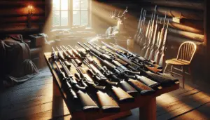 A depiction of a variety of hunting rifles laid out on a wooden table, highlighted by the early morning sunlight filtering through a cabin window. The rifles vary in size, design and technology appropriate for 2024. They are all devoid of any brand names or logos. In the soft background, elements of a rustic hunting cabin interior can be seen, such as a wooden chair and a fireplace, contributing to an atmosphere of anticipation for a hunt.