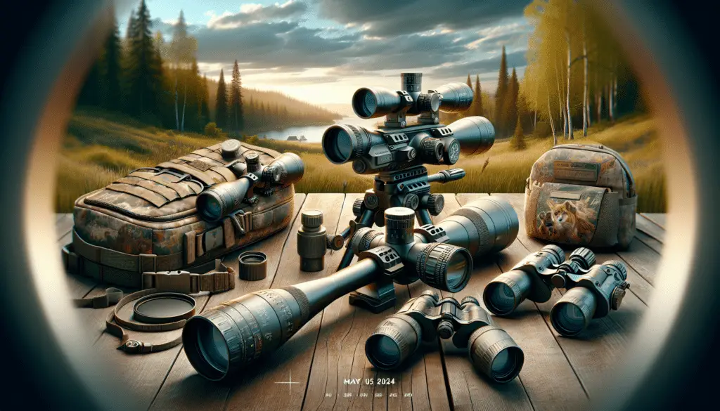 An illustration of the best scopes for hunting, dated May 2024. The image showcases several high tech scopes with incredible detail. The scopes are accompanied by a variety of hunting equipment such as a camouflage backpack and hunting binoculars, placed in natural setting of a calm and peaceful forest, during the day with a clear sky. Note: there are no brand names, texts or logos, and no people are present.