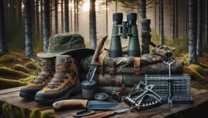 A collection of essential hunting gear arranged neatly for May 2024. The equipment includes a high-magnification binoculars with green casing, a robust outdoor knife with a wooden handle, a wide-brimmed camo hat, a pair of solid and comfortable waterproof hunting boots, an unbranded camouflage clothing, and a set of high-quality trap with steel construction. The arrangement is set against the backdrop of a wooded forest, subtly hinting at the early morning mist. Note: This image does not contain any people, brand names, logos or text.