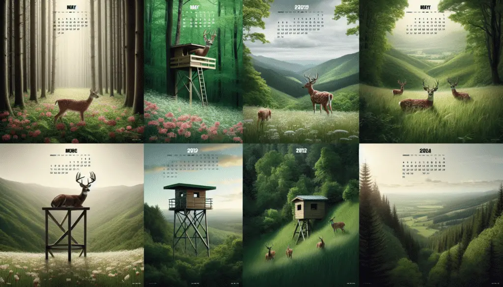 An image showcasing various styles of deer stands, perfect for the month of May, in the year 2024. The scene includes deer stands positioned in different environmental setups: one at the edge of a forest with blooming flowers at its base, another atop a hill with lush green vegetation and a breathtaking view, and a third one camouflaged amidst dense foliage of a deep forest. The deer stands are without any people, text or brand logos, carefully designed to be obscure and harmonious with the surrounding wildlife and nature.