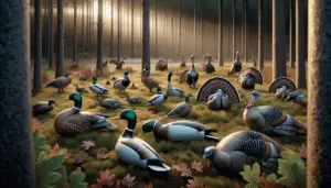 A collection of the most advanced hunting decoys, showcasing a variety of bird species, including ducks and turkeys, spread across a serene woodland clearing. The decoys are shown in distinctive poses to mimic natural bird behavior. The feather details, colorings, and sizes are lifelike to create a believable illusion for the prey. The decoys are evenly spread to cover the entire territory. The background depicts tall, shadowy trees and the forest floor dappled with the soft light of a sunrise making the scene appear tranquil. No text, people, branding, or logos are included.