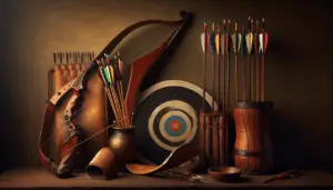 A carefully arranged still life showcasing a variety of archery equipment. In the center, a stylishly curved wooden bow catches the eye. Next to it, a set of precisely shaped arrows featuring multi-colored feathers rest in an antique quiver. On one side of the scene is a well-crafted leather arm guard and on the other side, a robust target made from straw and painted with concentric circles. None of the items show any brand names or logos, and there are no traces of human presence in the scene. The entire composition exudes a tranquil and solitary ambiance, perfect for an archer preparing for practice.