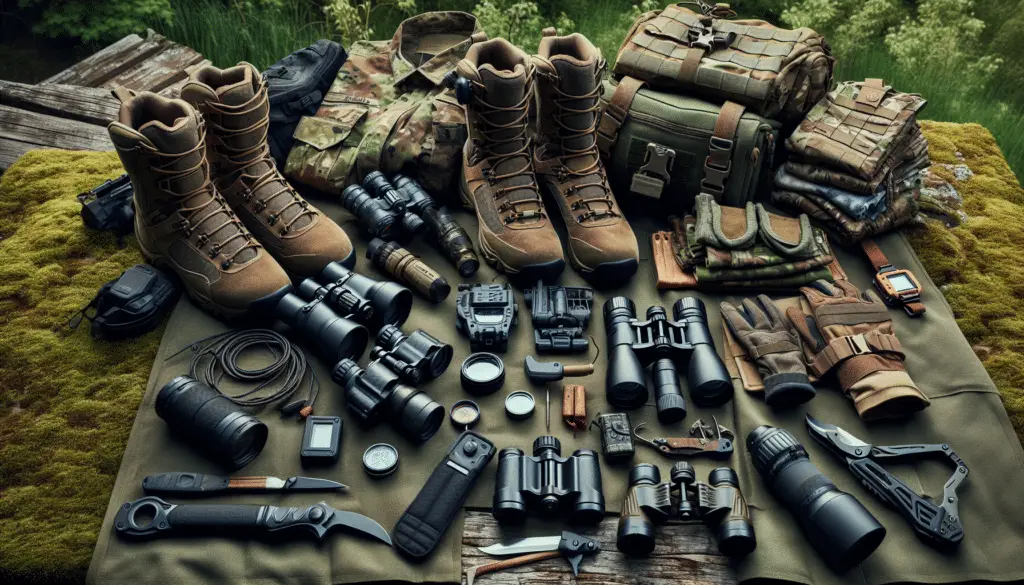 An array of tactical hunting gear laid out, ready for use. The scene includes a camouflage outfit along with a pair of sturdy high-ankle boots. In contrast among the clothing items, a pair of high-precision binoculars and a compass can be seen. Essential items such as a multitool and a first aid kit are present. A high-powered headlamp with adjustable brightness and a weatherproof backpack sit on the side. Various traps and a portable camouflage blind are also in the layout. Everything is placed outdoors, surrounded by lush greenery, showcasing a wilderness setting.