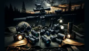 A variety of advanced, high-quality night vision equipment arranged in an atmospheric forest setting under a star-studded night sky. The gear includes a pair of night vision goggles, a night vision rifle scope, a handheld night vision monocular, an infrared tactical flashlight, and a head-mounted night vision system. All items are generic, featuring no visible logos or branding. The scene is set at nighttime near a makeshift gaming campsite with the gear showcased on a mat amidst the dark surroundings, lit up effectively by the moonlight - allowing each piece to be seen clearly.