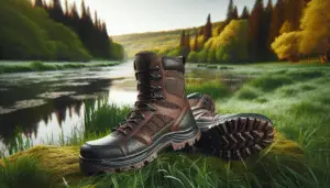 A neatly arranged, high-quality, dark brown hunting boot laid on green grass reflecting the Spring season of May 2024. The intricately designed sole provides a strong grip, essential for rugged terrains. It is constructed from waterproof material making it suitable for wet conditions. A river and a dense forest in the background are bathed in soft morning light, a common time for hunting. Noteworthy is the absence of any text, brand names, human presence within the image and detailed logo designs, consequently highlighting the design of the boots and the picturesque background.