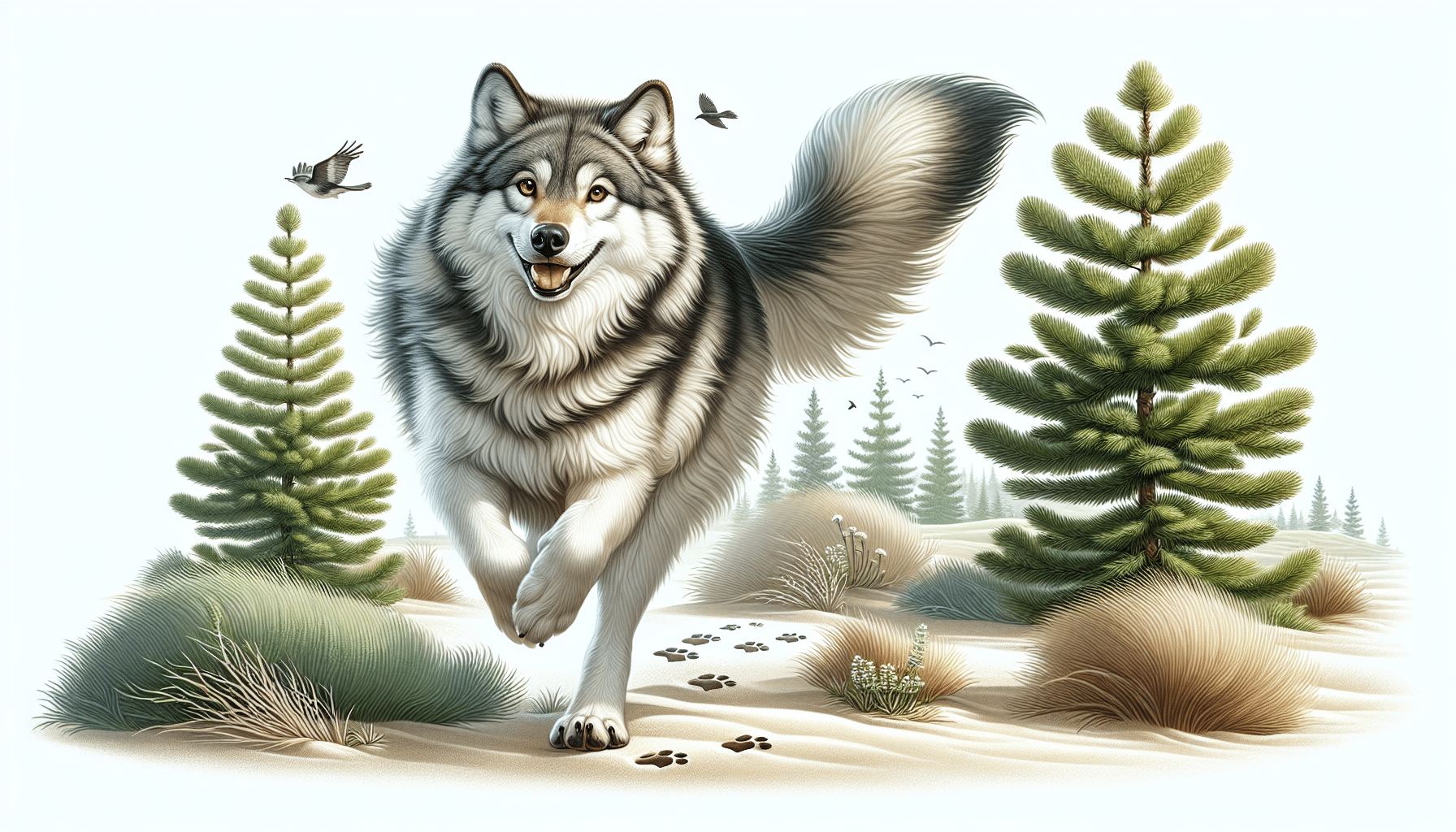 Create a serene wilderness scene featuring a puff of green pine trees and a jovial gray wolf (Canis lupus). The wolf is mid-stride, it’s fur playful both under the sunlight and shaded in parts. The wolf’s eyes are glimmering with wisdom and a touch of curiosity while its powerful muscles are seen beneath its soft, gray fur. Subtle details encapsulate the essence of wildlife—there are paw prints scattered around the territory, a flock of birds fluttering in the sky, and the trees sway gently with the steady breeze blowing across the landscape. Do not include any human figures, texts or brand logos within the scene