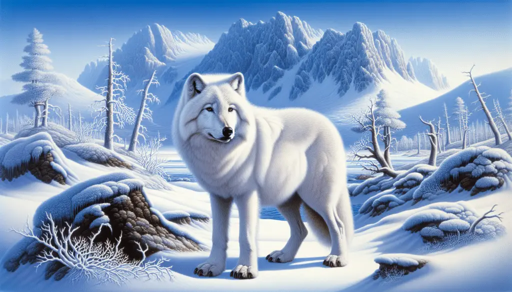 An exquisitely detailed portrayal of the Arctic wolf, known scientifically as Canis lupus arctos, in its natural snowy habitat. The wolf, with its thick white fur, should be standing on a snow-covered ground with rugged mountains and frosty trees in the backdrop, under a clear blue sky. Please ensure there are no signs of human presence, no text or brand names anywhere in the image.