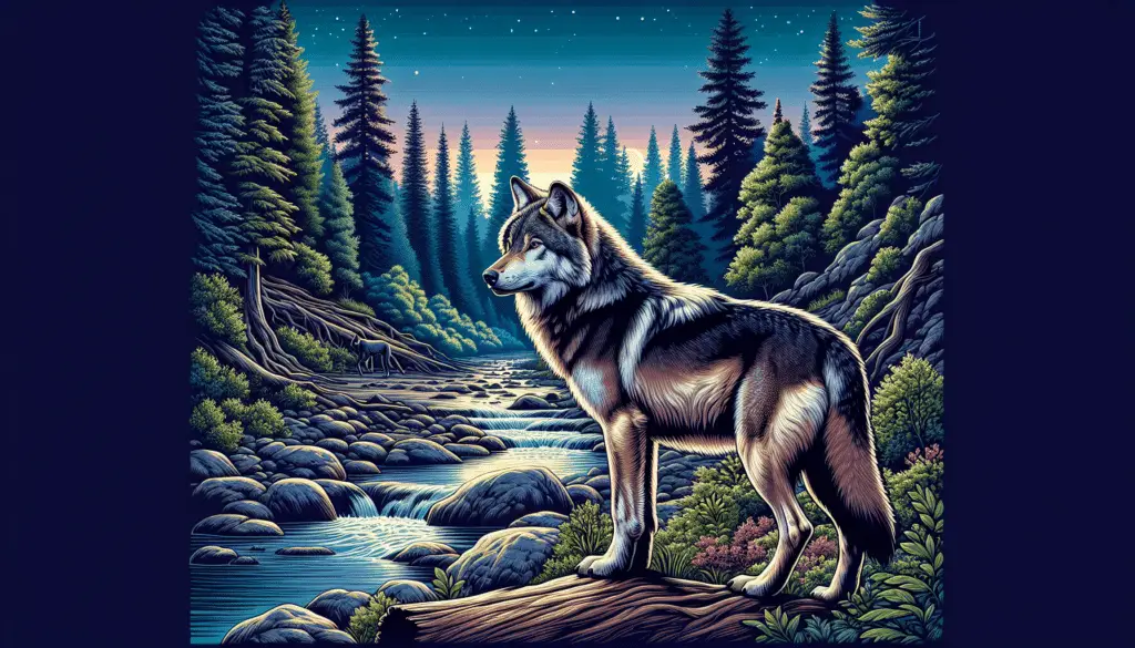 Illustration of a majestic Mackenzie Valley Wolf, also known as Canis lupus occidentalis, standing in its natural habitat. The wolf is shown in detail, capturing its striking features and the muscular physique of one of the largest types of wolves. Don't include any people or text in the image or on items within the image. The environment around the wolf is teeming with life: dense, untamed wilderness with tall, evergreen trees and rough, rocky landscape. A quiet and serene river flows on one side of the image, reflecting the vibrant colours of the twilight sky. Make sure not to include any brand names or logos.