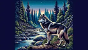 Illustration of a majestic Mackenzie Valley Wolf, also known as Canis lupus occidentalis, standing in its natural habitat. The wolf is shown in detail, capturing its striking features and the muscular physique of one of the largest types of wolves. Don't include any people or text in the image or on items within the image. The environment around the wolf is teeming with life: dense, untamed wilderness with tall, evergreen trees and rough, rocky landscape. A quiet and serene river flows on one side of the image, reflecting the vibrant colours of the twilight sky. Make sure not to include any brand names or logos.