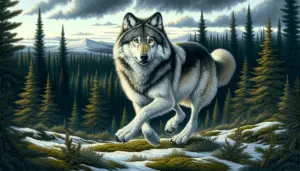 A digital painting of a Eurasian Wolf, scientifically known as Canis lupus lupus, in its natural habitat. The wolf displays the typical characteristics of its species with its dense grey and white fur, sharp yellow eyes, and a muscular build. The wolf is caught in mid-stride, displaying its agility and power. Its environment reflects a northern Eurasian forest: lush, deep-green pines, a carpet of snow, and glimpses of a distant mountain range under a cloudy sky. No text, human figures, or brand logos are present in the artwork.