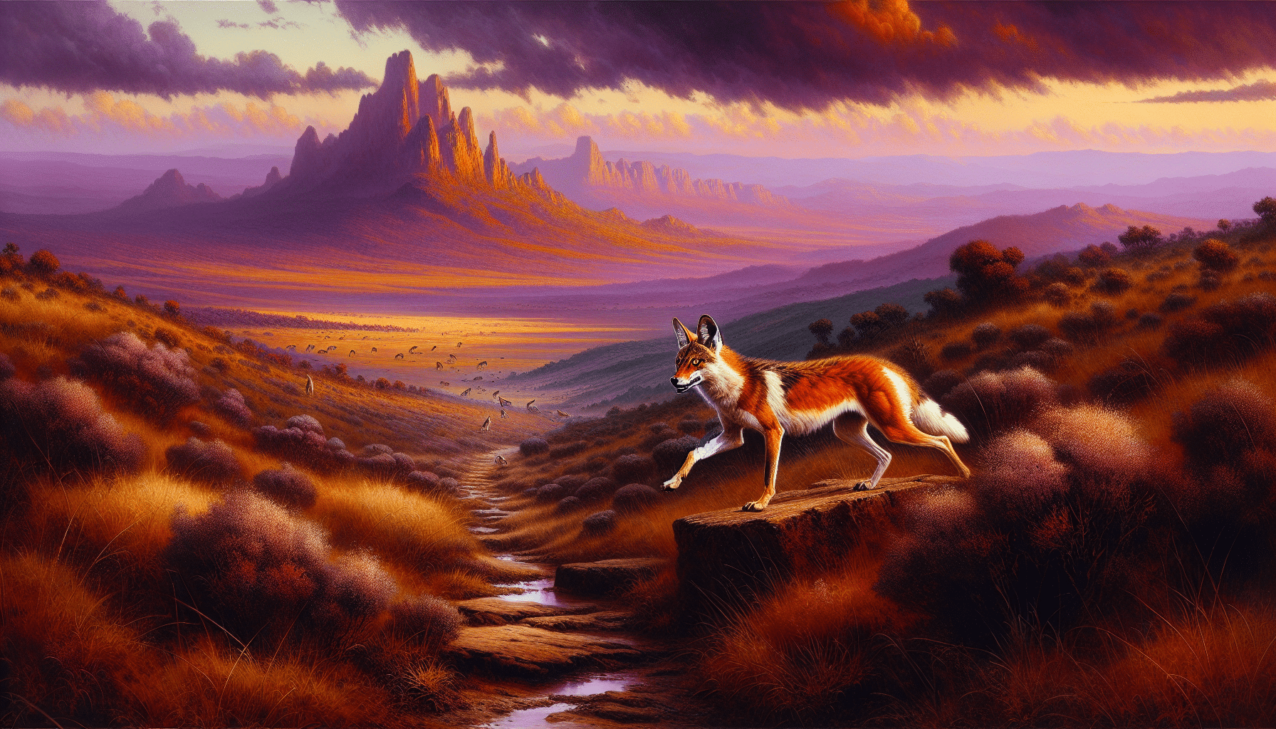 An observation of the natural habitat of the Ethiopian Wolf (Canis simensis). Depict a rugged, mountainous terrain sweeping under a sky brushed with hues of orange and purple, symbolizing the advent of dusk. The Ethiopian wolf, a slender, long-legged creature with fiery red and white fur, is prancing gracefully on a narrow path that meanders through the vast grasslands speckled with highland shrubs. The wolf has a sharply pointed face like that of a fox, with vivid amber eyes glowing in the fading light. In the far distance, a pack of Ethiopian wolves plays and hunts, their silhouettes matching the craggy skyline of the Ethiopian highlands.