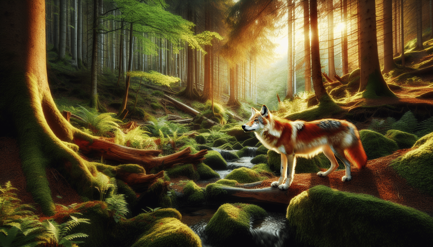 Depict the scene of a peaceful, serene forest landscape where a Red Wolf (Canis rufus) is visible. It's a warm afternoon, with sun rays filtering through the dense foliage, highlighting different textures and colors of the surroundings. The wolf, showcasing its unique red-tinted fur, is captured in a moment of tranquility, possibly standing near a babbling brook or sniffing the air. There are no humans, text, brands, or logos anywhere in the composition. Let nature's untouched beauty be the primary focus, and bring out the characteristic features of the Red Wolf in this serene tableau.