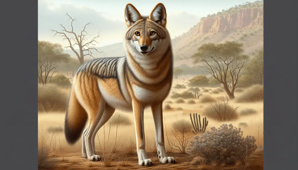 A realistic depiction of the Indian Wolf (Canis lupus pallipes), standing against the backdrop of a typical habitat they can be found in. The wolf is alert, with its pointed ears perked up, piercing eyes scanning the scene, and a bushy tail. Its coat exhibits the unique color scheme found in this species, ranging from tawny to light grey shades. Its environment shows dry grasslands, scrublands, and sparse forests that commonly exist in the Indian subcontinent. There shouldn't be any humans, text, logos, or brand names included in this image.