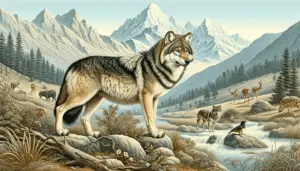 Detailed depiction of a Himalayan Wolf, scientifically known as Canis lupus chanco, in its natural habitat. The sceneries surrounding the wolf should show the mountainous regions of the Himalayas with a typical alpine ecosystem. Include animals, of which the wolf might be a predator, in the background, keeping a distance. The wolf is captured with a posture that exhibits its magnificent physical attributes such as its thick coat and robust body. No human element, text elements, brand names or logos are present in this picture.