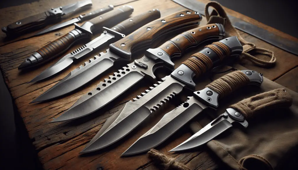 An assortment of hunting knives with various styles and designs perfect for the springtime season. The first knife has a rugged look, featuring a serrated blade and sturdy, wood-like handle. The second knife is sleek and modern, boasting a silver, tapering blade and a leather-bound handle. The third one exhibits a more traditional take, complete with a wide, thick blade and a hilt wrapped in coarse cloth. The final knife embodies survivalist appeal with a multi-purpose blade containing a built-in saw and ergonomic handle. These knives should be displayed on a rough wooden table, bathed in soft, natural light conveying the freshness of May. Please ensure there are no text, people, brand names or logos in the scene.